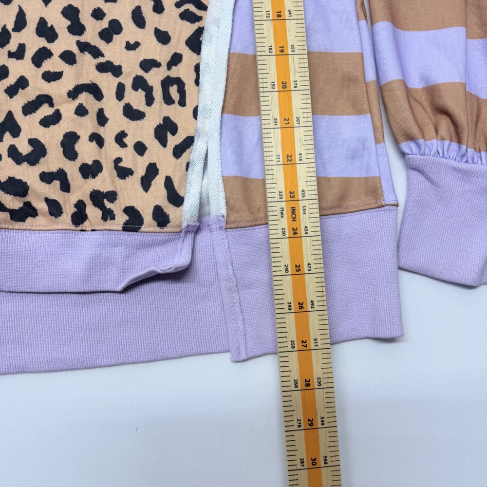 Mixed Media Leopard Striped Sweatshirt Lavender Tan XL Balloon Sleeve Split Hem - Picture 6 of 6